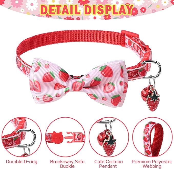 SCENEREAL Breakaway Cat Collar with Bell, 2 Pack Safety Adjustable Cat Collars with Pendant, Pink Personalised Puppy Kitten Collar with Bow for Spring Summer Valentines, Strawberry Flowers