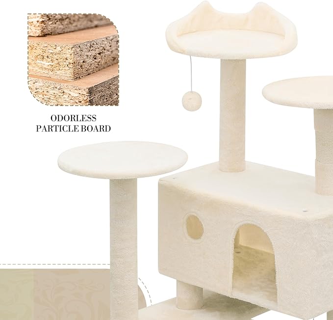 Athena Collection Modern Cat Tree Tower, 77 Inch Tall Cat Tree Climbing Tower with Scratching Post 2 Condo Multi-Level Activity Center and Playing Ball for Indoor Large Adult, Beige