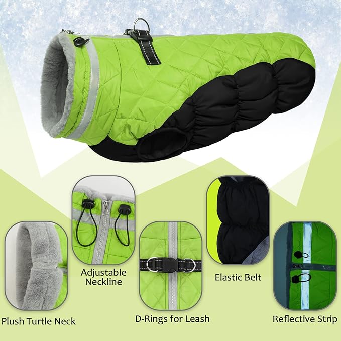 LeLePet Warm Fleece Dog Jacket, XX-Large, Lime, Adjustable, Reflective, Water-Resistant, Windproof, Turtle Neck, for Small Medium Large Dogs
