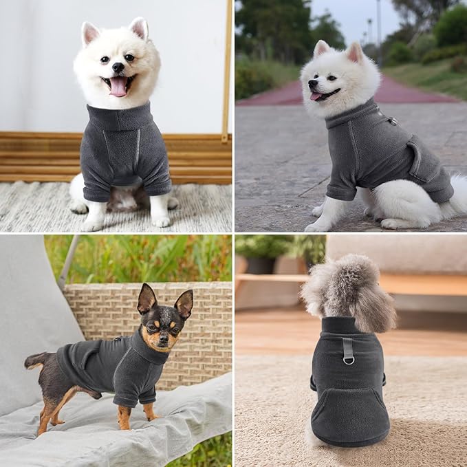 Idepet Fleece Dog Sweater, Winter Dog Clothes Turtleneck Dog Sweatshirt Pet Clothing Stretchy Small Dog Coat with Leash Ring Cat Apparel with Pocket(Black,XS)