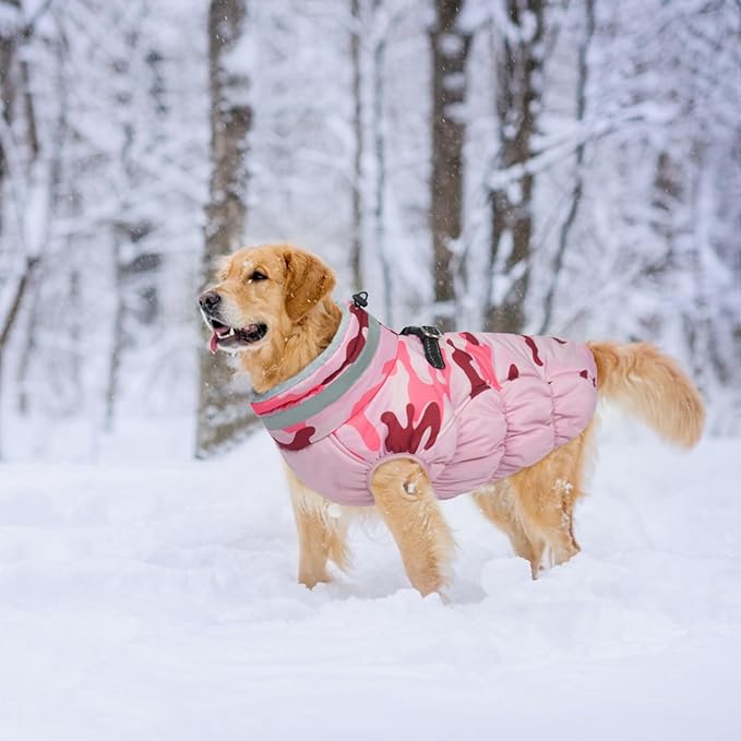 Lelepet Dog Coat Warm Dog Winter Coat Waterproof Dogs Jacket with Harness Built in Reflective Pet Fleece Vest Zip-Up Cold Weather Coats for Large Dogs Turtleneck Windproof Boston Terrier Pink Camo L
