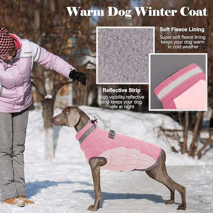 Lelepet Dog Coat Warm Dog Winter Coat Waterproof Dogs Jacket with Harness Built in Reflective Pet Fleece Vest Zip-Up Cold Weather Coats for Large Dogs Turtleneck & Windproof Coats Boston Terrier Pink