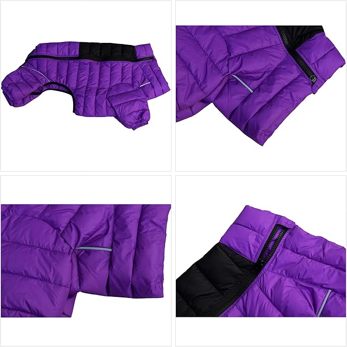 lovelonglong Dog Coat Dog Warm Jacket, 4 Legs Covered Waterproof Windproof Reflective Warm Dog Vest, Zippered Adjustable Outdoor Dog Snow Jacket for Small Medium Large Dogs Purple XXXL