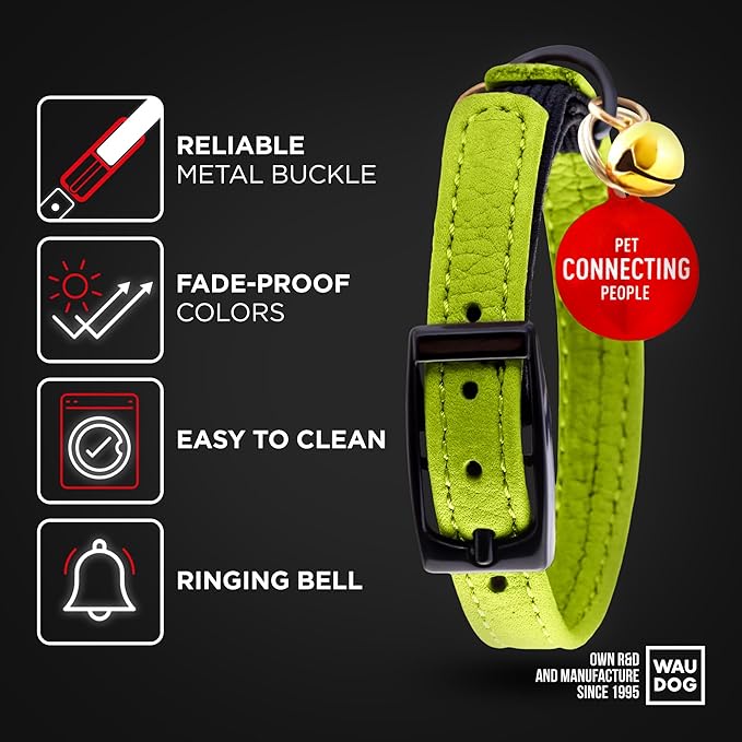 Leather Cat Collar with Bell and Safety Elastic Strap Breakaway Alternative for Small & Large Kittens, Stylish Pet Leather Collar for Boy, Girl Cats with Metal Buckle & QR ID Tag (Green)