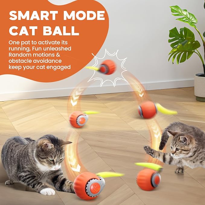 Interactive Cat Toy for Indoor Cats, Two Speed Smart Automatic Cat Toy Moving Ball with Tail, 2 Pack Rechargeable Motion Activated Cat Toys for Bored Indoor Adult Cats(Orange & Blue)