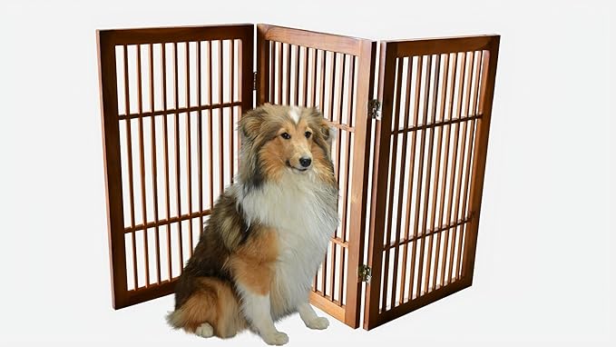 Pet Dog Gate Strong and Durable Freestanding Folding Acacia Hardwood Portable Wooden Fence Indoors or Outdoors by Urnporium (Brown Pet Gate, 3 Panel 30" Tall)