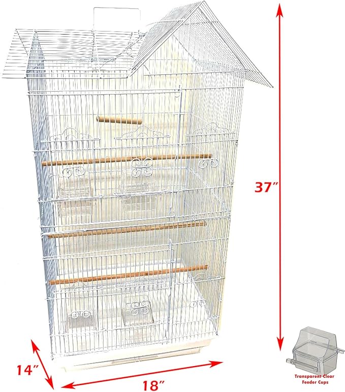 38-Inch Double Roof Top Large Flight Bird House Cage with Toys & Climbing Ladder for Cockatiels Parakeets Aviary Budgie Finch Lovebird Canary Pet Bird Travel Cage Side Nest Box Doors