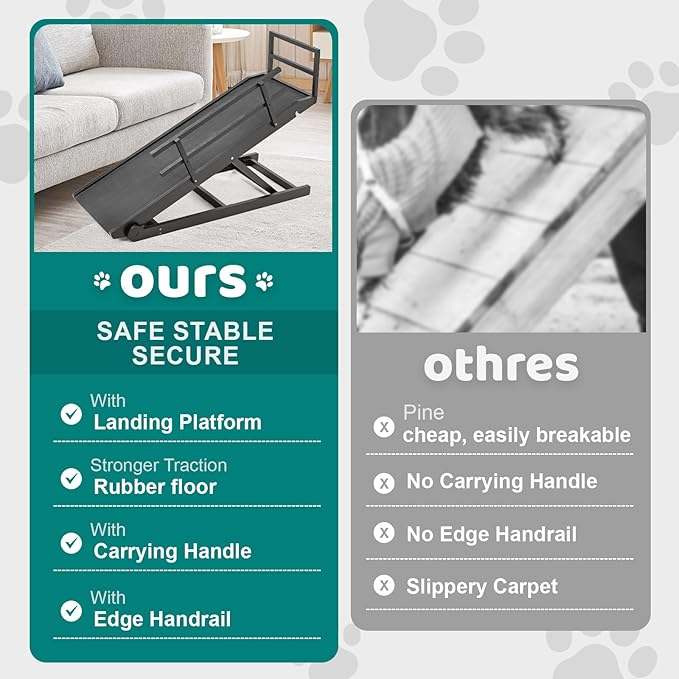 Dog Ramp for Bed, Adjustable Pet Ramps for Dog to Get on Bed, Non-Slip Rubber Surface - Folding Wooden Dog Ramp for Small/Large/Old Dogs, Adjustable up to 27.5 inch High Beds, Safety Railings