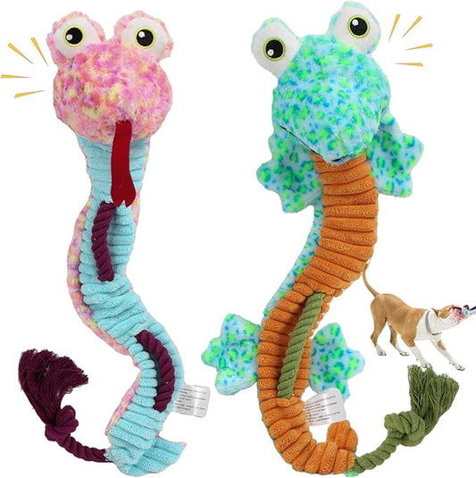 Crinkle Dog Toys Squeaky Plush No Stuffing Cute Puppy Stuffless Tough Rop Pull Toy, Fun Dog Stuffed Animals Durable Chew Set for Small Medium Large Pup (Large, Snake+Lizard)