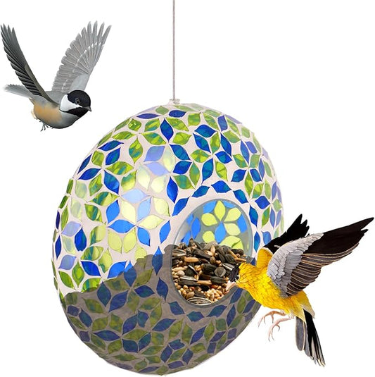 Wild Bird Feeder Fly Through Garden Hanging Bird Feeder Mosaic Circle Squirrel Proof for Outdoor Decoration,Blue and Green Flower