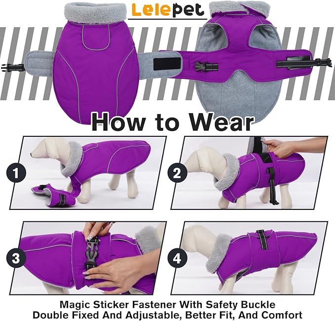 Lelepet Warm Dog Coat Reflective Fleece Vest Waterproof Dog Jacket with Adjustable Buckle Hook & Loop Windproof Cold Weather Coats for Small Medium Large Dogs, Purple, S