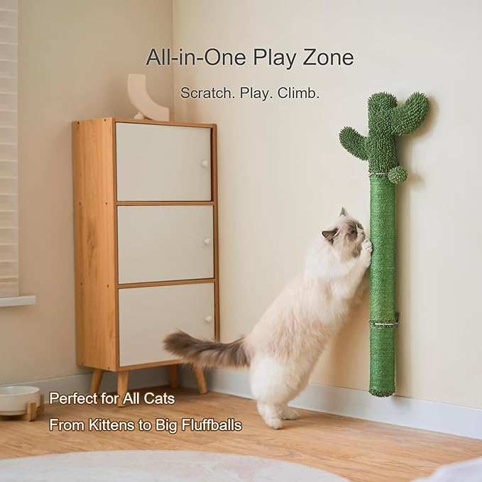 Wall Mounted Cat Scratcher – 35" Extra Tall Vertical Sisal Scratching Post with Cactus Design & Hanging Ball Toy, Space-Saving Cat Wall Climber for Indoor Cats, Green