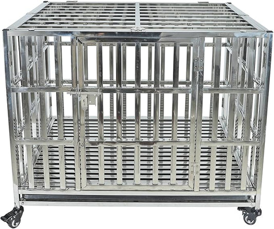 37 Inch Heavy Duty Dog Crates for Meduim Dogs, Stainless Steel Indestructible Small Dog Kennel Indoor, Puppy Dog Cage with Lockable Rolling Wheels, Double Door and Removable Tray (Stackable)