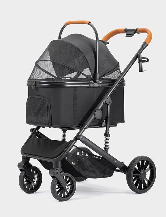 Dog Stroller for Small/Medium Dogs Up to 60lbs, 4 Wheels Folding Pet Stroller with Detachable Carrier, Pet Travel Carrier for Puppy & Cats, Storage Basket, Breathable Mesh, Black