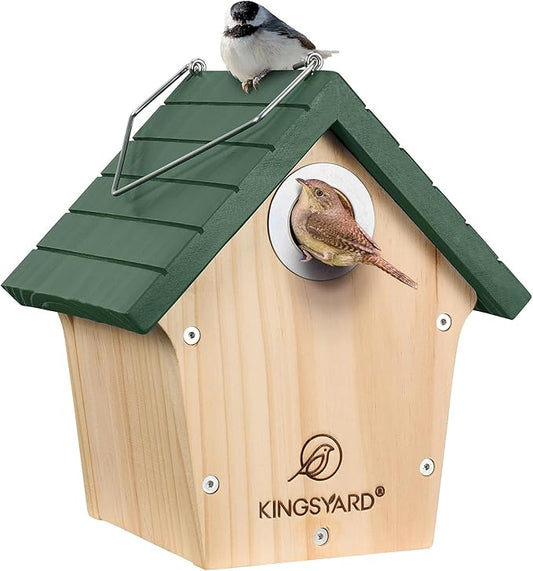 Kingsyard Wooden Bird House with Predator Guard, Wren Bird Nesting for Outdoor, Garden Patio Nest Box for Wild Bird Watching, Green