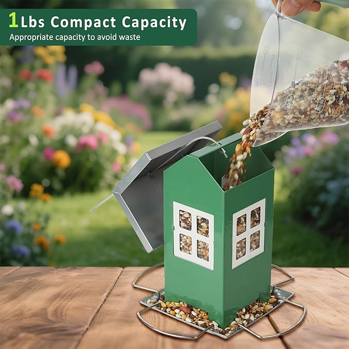 Small Metal Bird Feeders for Outdoors, Cute House Shape Bird Feeder with Window Design, Garden Terrace Hanging Birdfeeder for Finch Sparrow Warblers Little Birds - Premium Green