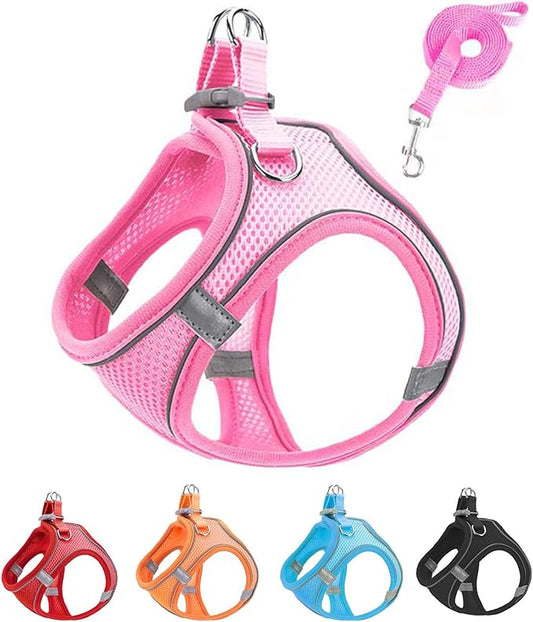 XXS Pink Soft Mesh Dog Harness and Leash Set,No Escape Puppy Harnesses for Training Walking， Reflective Adjustable Puppy Vest for Small Medium Dogs, Cats (Pink, XXS)