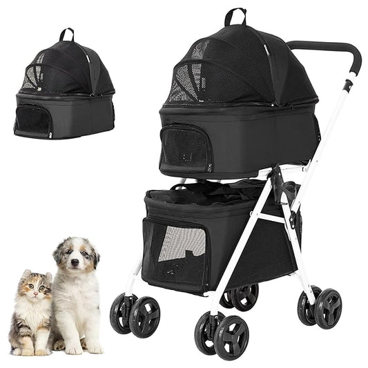 Double Dog Stroller with 2 Detachable Carrier, Portable Pet Stroller for Small Dogs & Cats Folding Lightweight Puppy Travel Carriage, 4 Wheels, Black