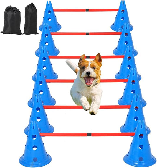 Dog Agility Hurdle Cone Set, Dog Training Equipment with 12 Agility Cones 6 Agility Rods 2 Rod Buckles, Pet Agility Course Set Puppy Obstacle Course Jump with Storage Bag for Outdoor