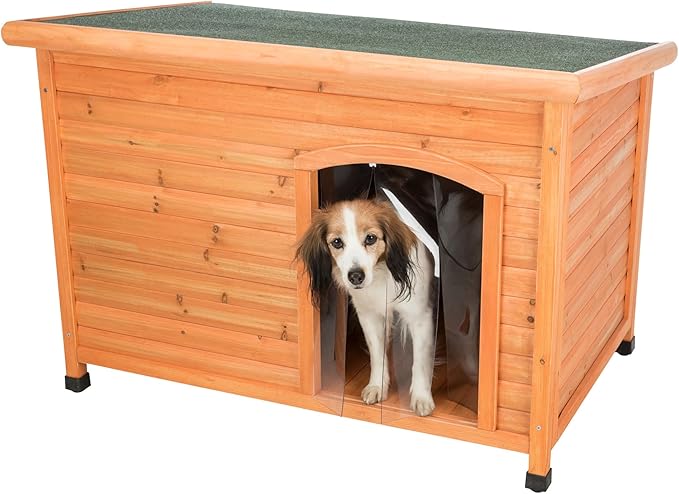 TRIXIE Natura Classic Insulated Weatherproof Dog House with Plastic Door Flap, Hinged Roof, Adjustable Legs, Largeoor Flap, Flat Hinged Roof, Adjustable Legs, Brown, Large