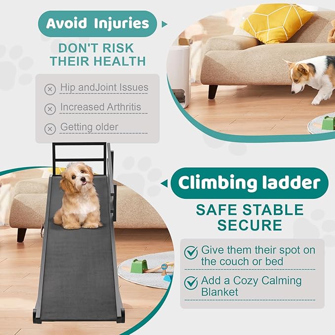 Dog Ramp for Bed, Adjustable Pet Ramps for Dog to Get on Bed, Non-Slip Rubber Surface - Folding Wooden Dog Ramp for Small/Large/Old Dogs, Adjustable up to 31 inch High Beds, Safety Railings