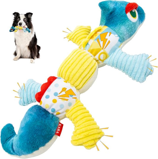 Crinkle Dog Toys Squeaky Plush No Stuffing Cute Puppy Stuffless Tough Rop Pull Toy, Fun Dog Stuffed Animals Durable Chew Set for Small Medium Large Pup (Large, Blue Chameleon)