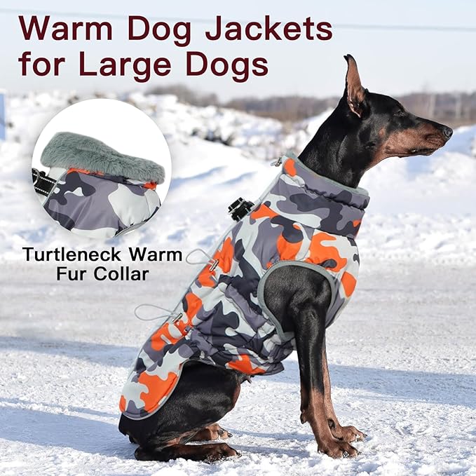 Dog Coat Dog Winter Jacket-3X Large, Warm Dog Coat Zip Up Snowsuit Dog Harness Vest Reflective Water-Resistant Dog Coat Dog Snow Jacket for Large Dogs Labrador, Huskyn, Orange-Camouflage