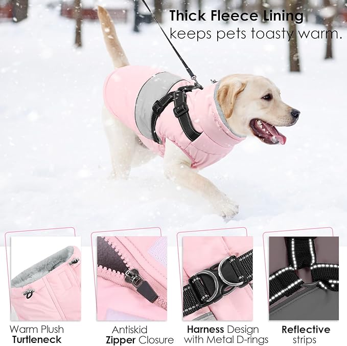AOFITEE Dog Coat Warm Dog Winter Coat, Waterproof Dogs Jacket with Harness, Dogs Snow Jacket Snowsuit with Zipper & Furry Collar, Reflective Windproof Pet Sweater for Cold Weather, French Bulldog, L