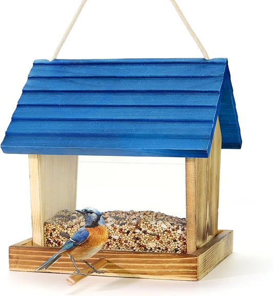Cedar Wooden Bird Feeders for Outdoors Hanging– Large, Weatherproof Wild Bird House Feeder–Pre-Assembled, Hopper Design, Anti-Squirrel, Easy Fill for Cardinals, Bluebirds, Oriole & Finches
