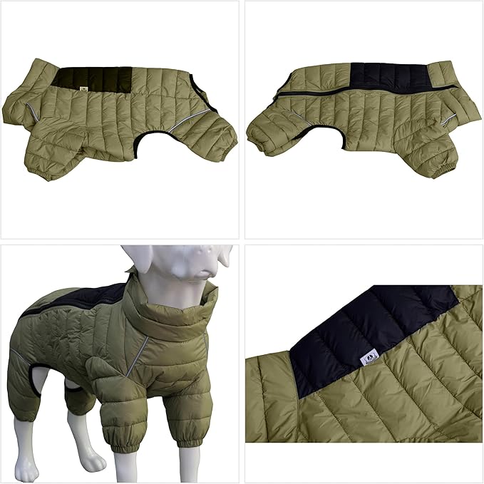 lovelonglong Dog Coat Dog Warm Jacket, 4 Legs Covered Waterproof Windproof Reflective Warm Dog Vest, Zippered Adjustable Outdoor Dog Snow Jacket for Small Medium Large Dogs Olive Green M