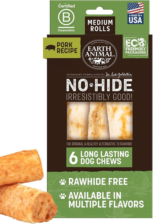 Earth Animal No Hide Medium Pork Flavored Natural Rawhide Free Dog Chews Long Lasting Chew Sticks | Treats for Large Dogs | Great for Aggressive Chewers - 6 Count