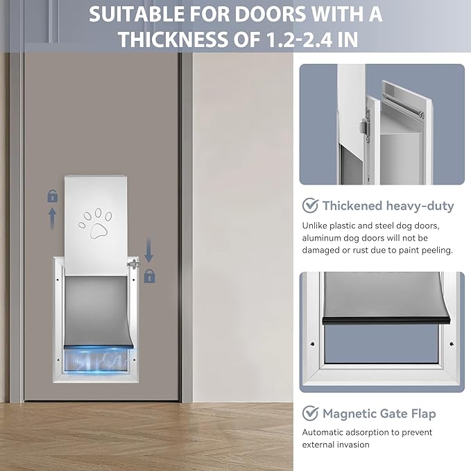 [Petoasis] Heavy Duty Aluminum Dog Door with Lock,3 Flap Insulated Doggie Doors with Installation Manual,Durable and Rust Resistant, Patent: USD1057087S, (Silvery White, Meduim for Door)
