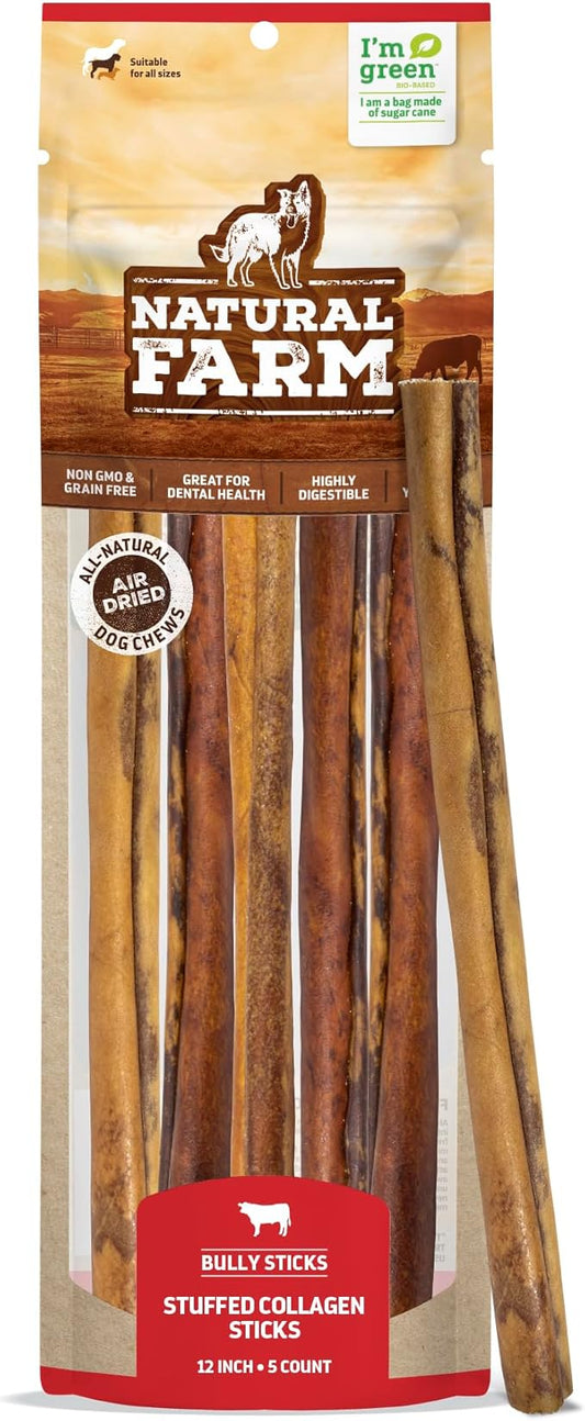 Natural Farm Bully Sticks Stuffed Collagen Sticks for Dogs (12 Inch, 5-Pack), Rawhide-Free Collagen Sticks, Natural Dog Chews, Long Lasting, for Small, Medium and Large Dogs, Great Rawhide Alternative