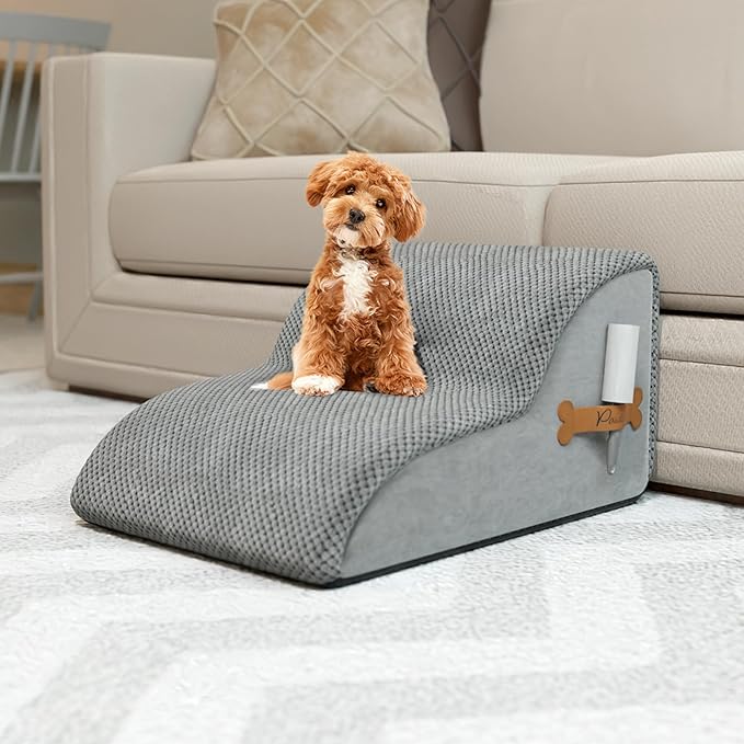PAWZY Foam Pet Stairs for Bed, Couch or Window PREFIXED Cover - Wide Dog Steps for Bed, Waterproof, Non-Slip Base - Tier Dog Ramp Dog Stairs for Small Dogs, Puppies, Cats -(Gray, 2 Step, 1)