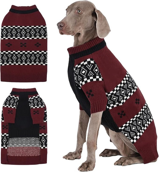 ROZKITCH Thick Dog Sweater, Matching Knit Winter Clothes with Fair Isle Pattern for Large Pets, Cozy Turtleneck Sweatshirt Outfits Outdoor Outfit Indoor Pjs DarkRed XL