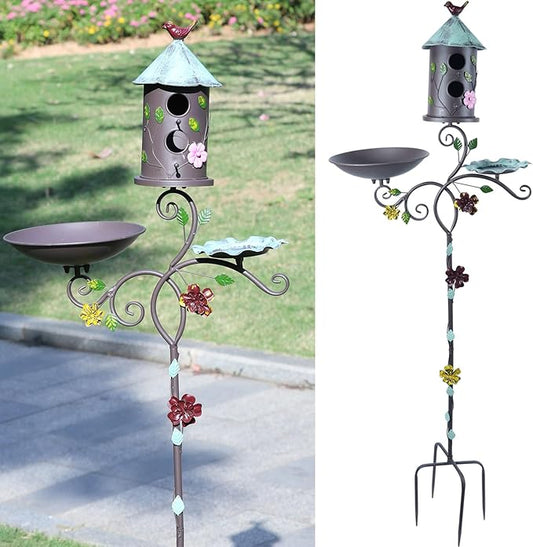 58" H Metal Bird Baths and Bird Houses for Outside with Pole,Birdhouses for Outdoors with Birdfeeder,3-in-1,Garden Yard Decor