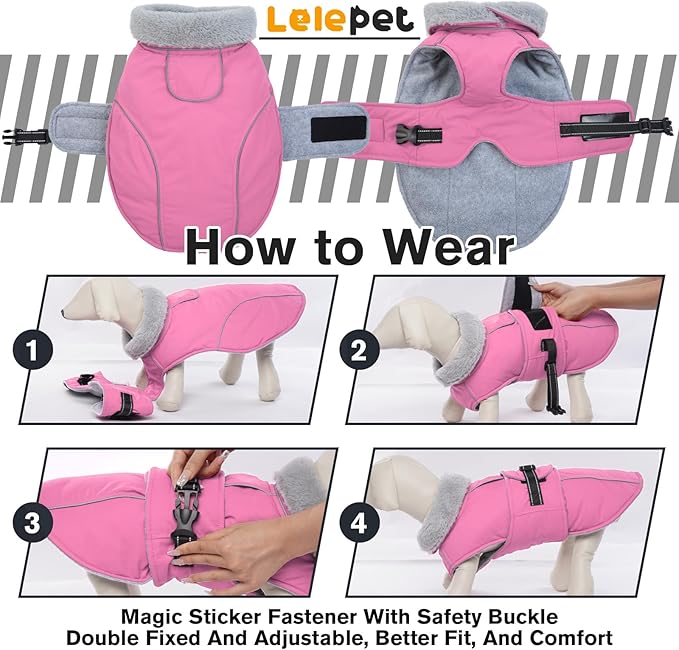 Lelepet Warm Dog Coat Reflective Fleece Vest Waterproof Dog Jacket with Adjustable Buckle Hook & Loop Windproof Cold Weather Coats for Small Medium Large Dogs, Pink, XL