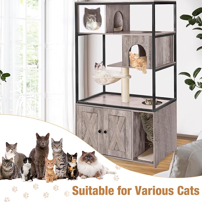 Cat Litter Box Enclosure, Wooden Cat Tree with Hidden Litter Box Enclosure, Indoor Cat House with Condo, Hammock Scratching Mat and Storage Shelves (Grey, Large)