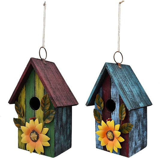2X Wooden Bird Houses for Outside Garden Patio Decorative Bird Houses Bird Nest Box Spring Outdoor Hanging Bluebird House for Small Bird Finch Cardinal