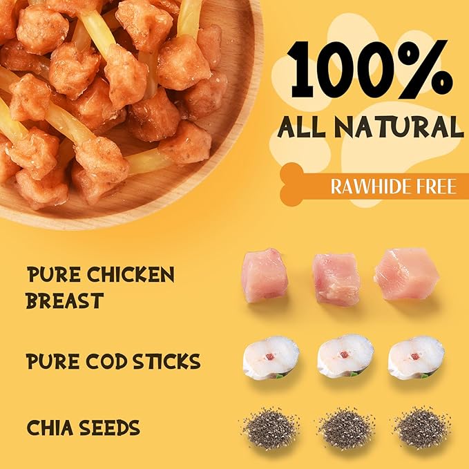 ASMPET Dog Treats Chews, Chicken Wrapped Cod Dumbbell, Rawhide Free & Grain Free Chewy Training Snacks