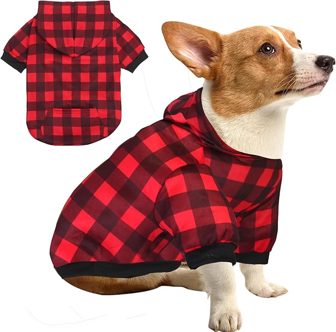 GreenJoy Plaid Dog Sweaters Hoodies Sweatshirts for Dogs Cats, Warm and Soft Cold Weater Coats for Christmas (Red, X-Small)