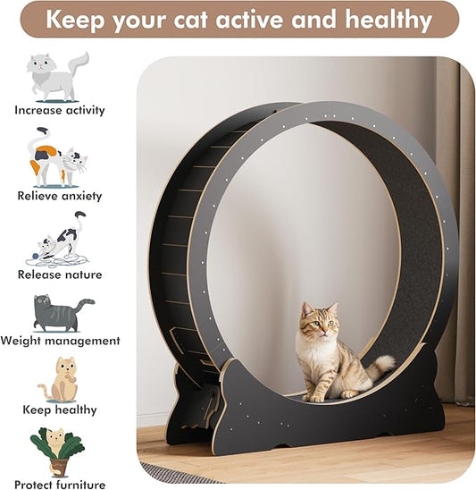 Cat Exercise Wheel, 43.3 inch Cat Wheel for Indoor Cats with Carpeted Runway, XL Cat Treadmill with Removable Carpet and Cat Teaser, for Running Walking Training (Black)