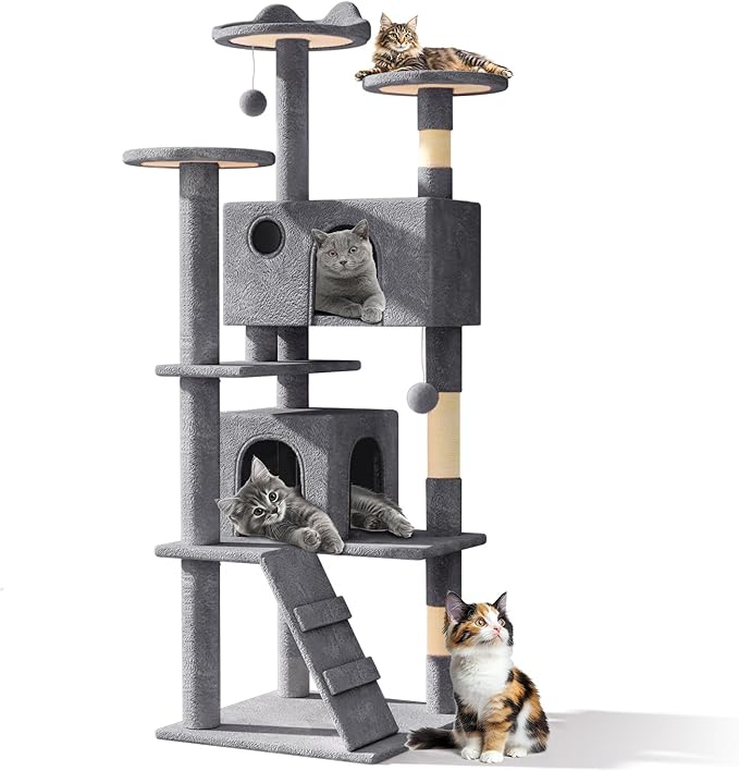Athena Collection Modern Cat Tree Tower, 60 Inch Tall Cat Tree Climbing Tower with Scratching Post 2 Condo Multi-Level Activity Center and Playing Ball for Indoor Large Adult, Dark Grey