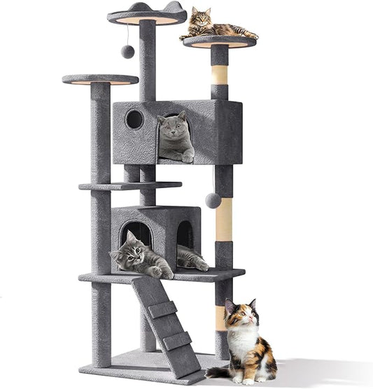 Athena Collection Modern Cat Tree Tower, 60 Inch Tall Cat Tree Climbing Tower with Scratching Post 2 Condo Multi-Level Activity Center and Playing Ball for Indoor Large Adult, Dark Grey