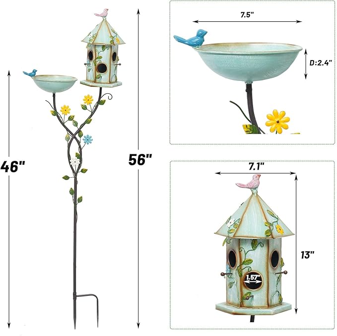 56" H Bird Baths and Bird Houses with Pole,Metal Bird Bath Bowl,birdhouses for Outdoors,Bird Bath with Stake,Garden Yard Decor