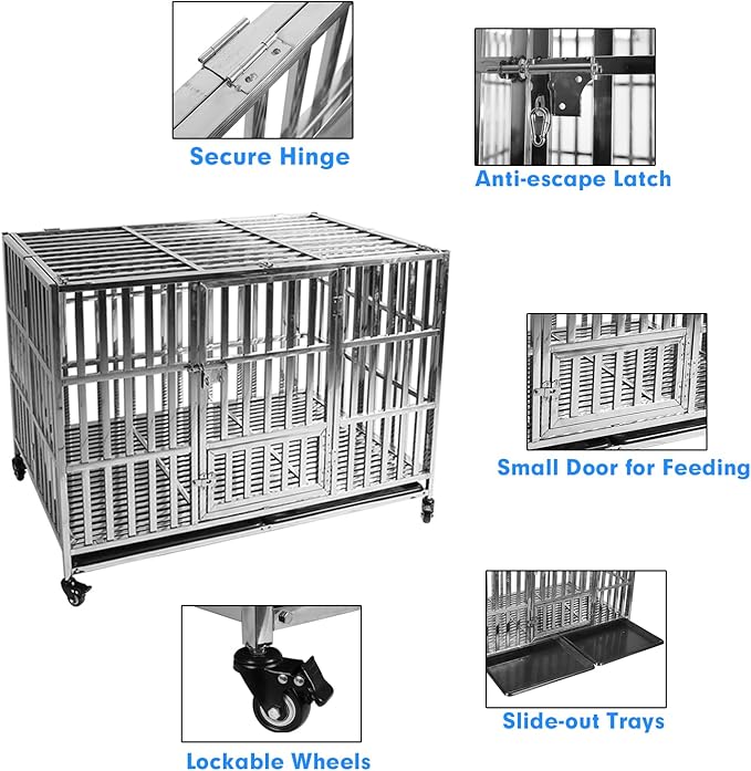 47" Stainless Steel Dog Crate Pet Kennel Foldable Dog Kennels Dog Cage Pet Playpen with Lockable Wheel, Tray for Medium and Large Dogs