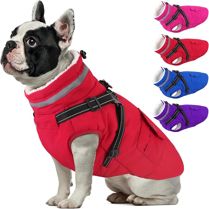 Dogcheer Dog Coat with Harness, Waterproof Dog Jacket Christmas Puppy Winter Coat with Pockets, Reflective Doggy Winter Jacket Soft Pet Fleece Snow Jacket for Small Medium Large Dogs - Red, XS