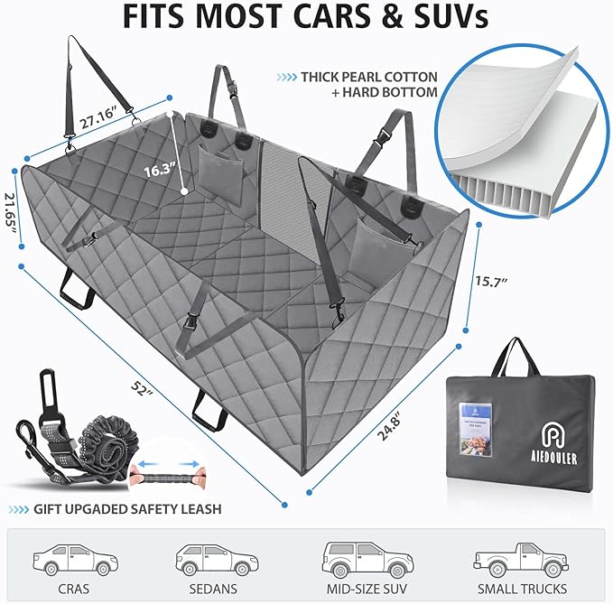 Back Seat Extender for Dogs, Dog Car Seat Cover for Back Seat, 400lbs Capacity Hard Bottom Car Seat Cover for Dogs, Waterproof Dog Hammock for Mid-Size Cars, SUVs, Trucks Grey(52‘x24.8’)