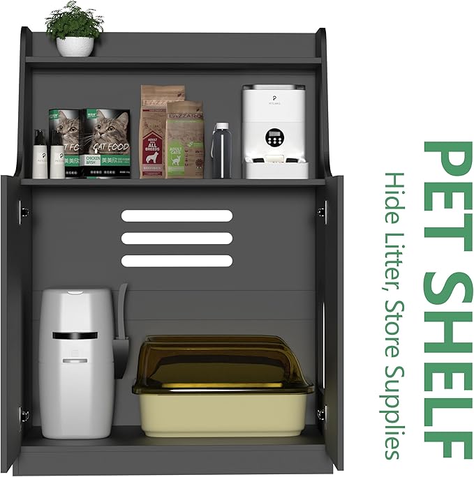 Large/Tall Litter Box Enclosure, Modern Wooden Litter Box Furniture for XL Litterbox with Open Shelf as Sideboard Cabinet (Black)