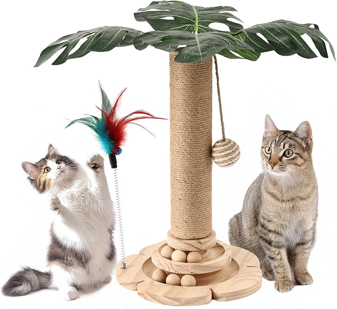 Cat Scratching Post for Indoor Cat Sisal Kitten Scratching Post with 3D Leaves,Hanging Ball,Wooden 2 Level Track,Interactive Toy